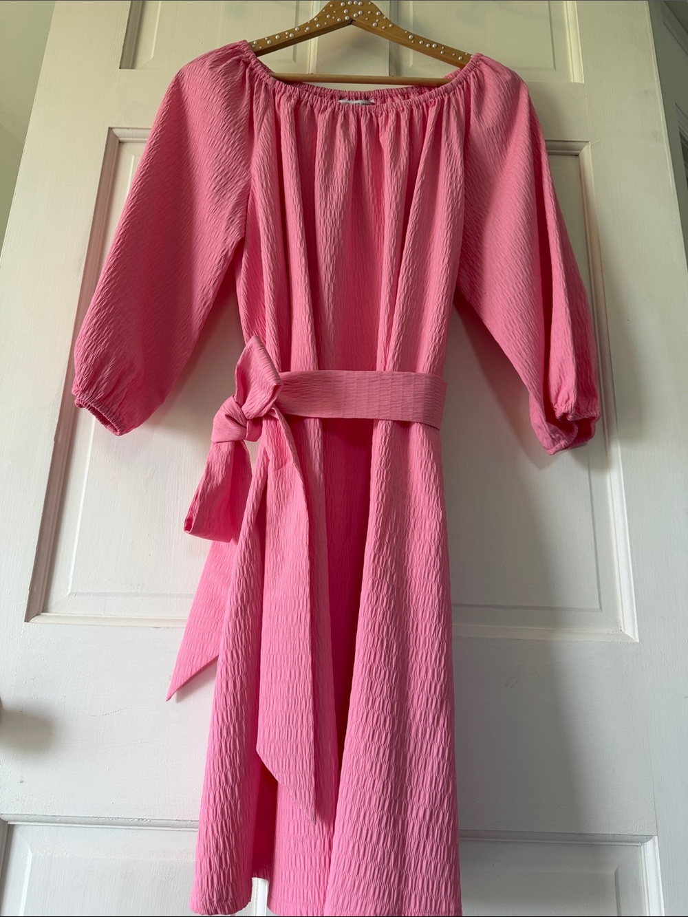 Elizabeth and James Pink Textured Midi Dress with Self-Tie Belt